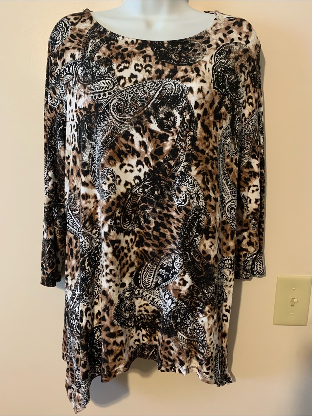 Ruby Rd. Brown Black Cream Paisley Leopard Print Tunic Top